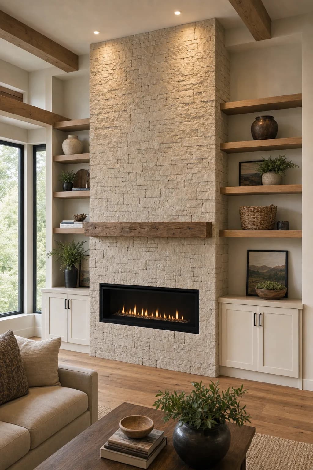 AI design concept: Stone fireplace feature wall — view 2